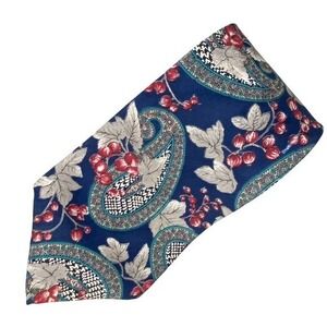 Buckingham Silk Tie Mens Blue Red Paisley Floral Berries Italian Silk